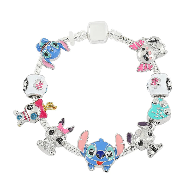 Disney frisado pulseira lilo e ponto dos desenhos animados bonito metal encantos pulseira diy contas corrente jóias presentes acessórios para mulheres crianças