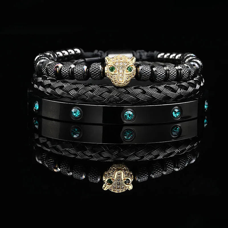 Pulseira masculina de luxo com contas de pedra preta e cabeça de leopardo, bracelete esmaltado de aço inoxidável, pulseiras romanas, conjunto de joias femininas