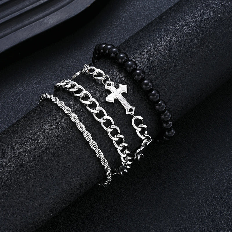 4 pçs conjunto de pulseira de aço inoxidável para homens mulheres punk moda cruz contas corrente pulseiras simples hip hop unissex jóias presente novo