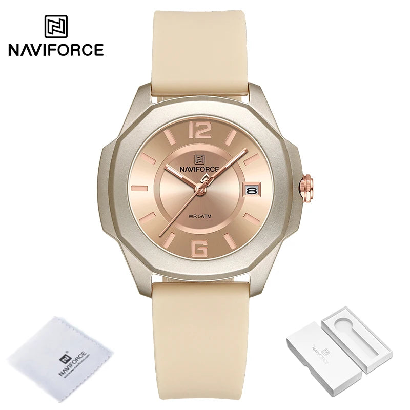 NAVIFORCE Relógios Elegantes para Mulheres Pulseira de Silicone Confortável Clássico Moda À Prova D'Água Exibição de Data Senhoras Relógio de Pulso Esportivo