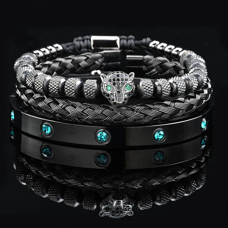 Pulseira masculina de luxo com contas de pedra preta e cabeça de leopardo, bracelete esmaltado de aço inoxidável, pulseiras romanas, conjunto de joias femininas