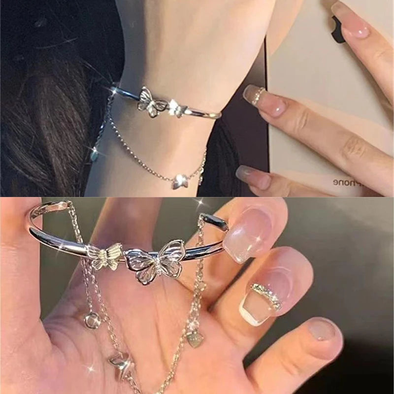 Pulseira de borboleta de camada dupla da moda para mulheres, corrente de borla de fada, pulseira de cor prata, joias para festa de casamento, presentes