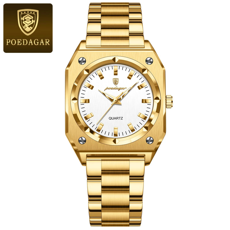 POEDAGAR Relógio Feminino Quadrado Elegante de Luxo À Prova D'Água Luminoso para Mulher Aço Inoxidável Quartzo Relógios Femininos Reloj+box