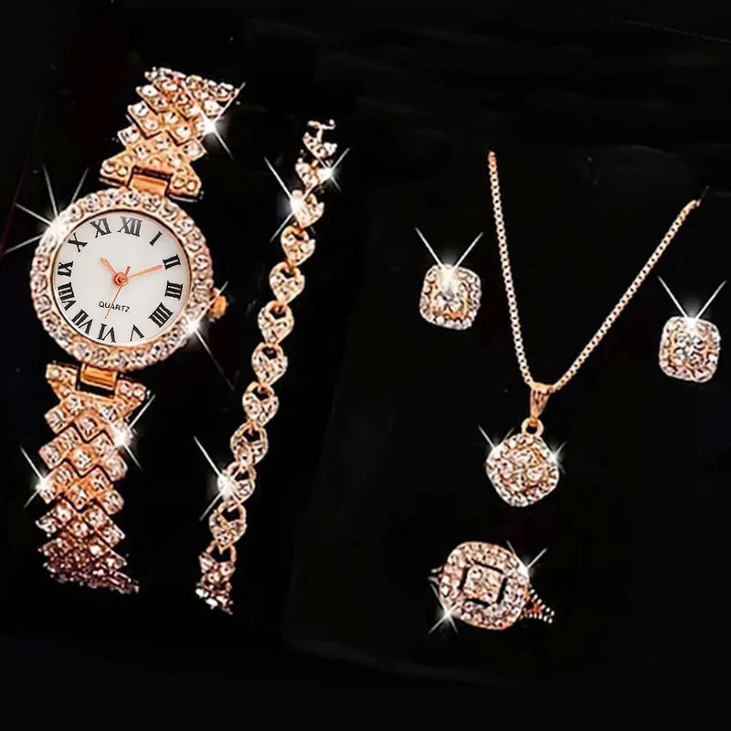 Casual Ladies Quartz Relógio de Pulso Pulseira Conjunto 6PCS Conjunto Feminino Relógio Relógio Mostrador Romano Design de Marca de Luxo Mulheres Montre Femme Reloj