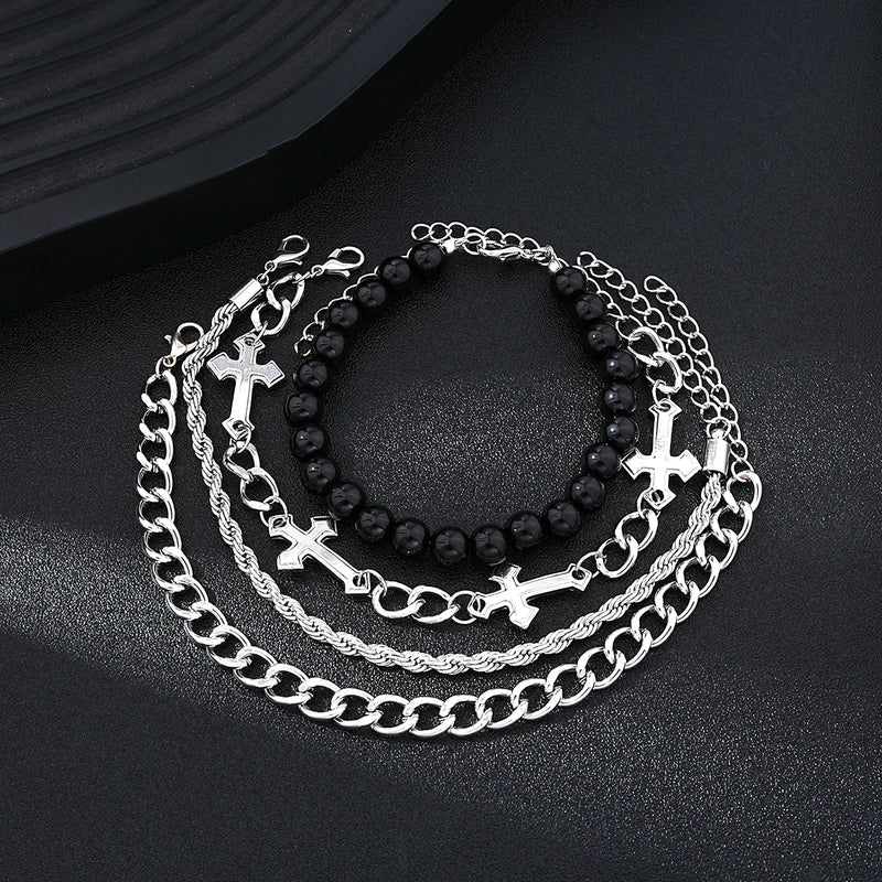 4 pçs conjunto de pulseira de aço inoxidável para homens mulheres punk moda cruz contas corrente pulseiras simples hip hop unissex jóias presente novo