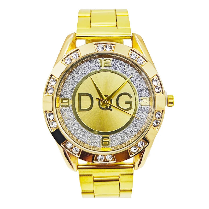 Relógio de marca de luxo da moda DQG Cristal Quartzo Feminino Relógio de pulso de aço inoxidável dourado e prateado para senhoras Zegarek Damski