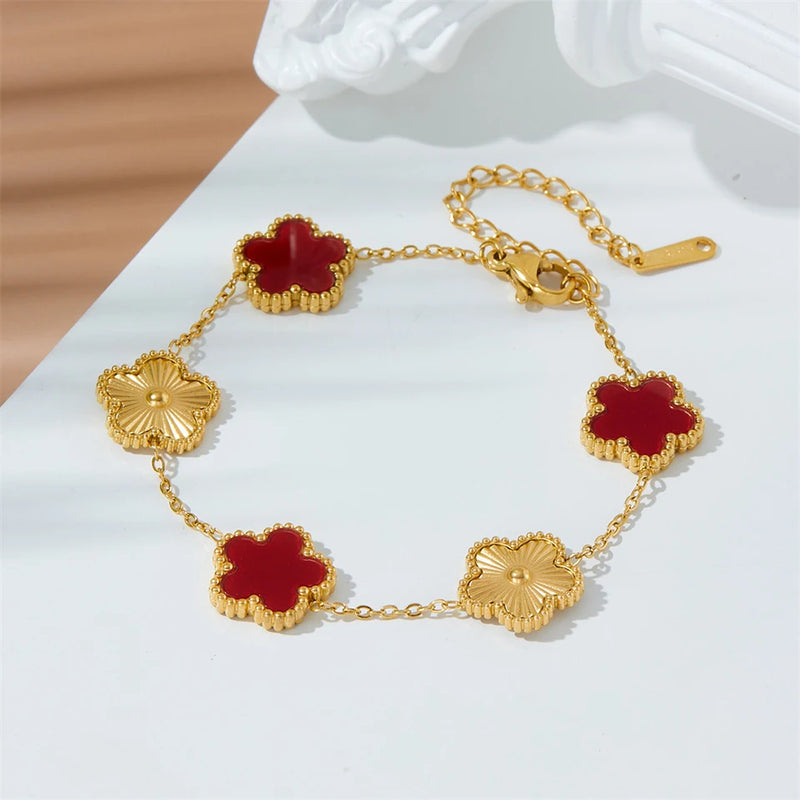 Pulseira de charme de trevo banhado a ouro de aço inoxidável mais vendida, pulseiras de flores de cinco folhas de luxo, joias para mulheres, presente