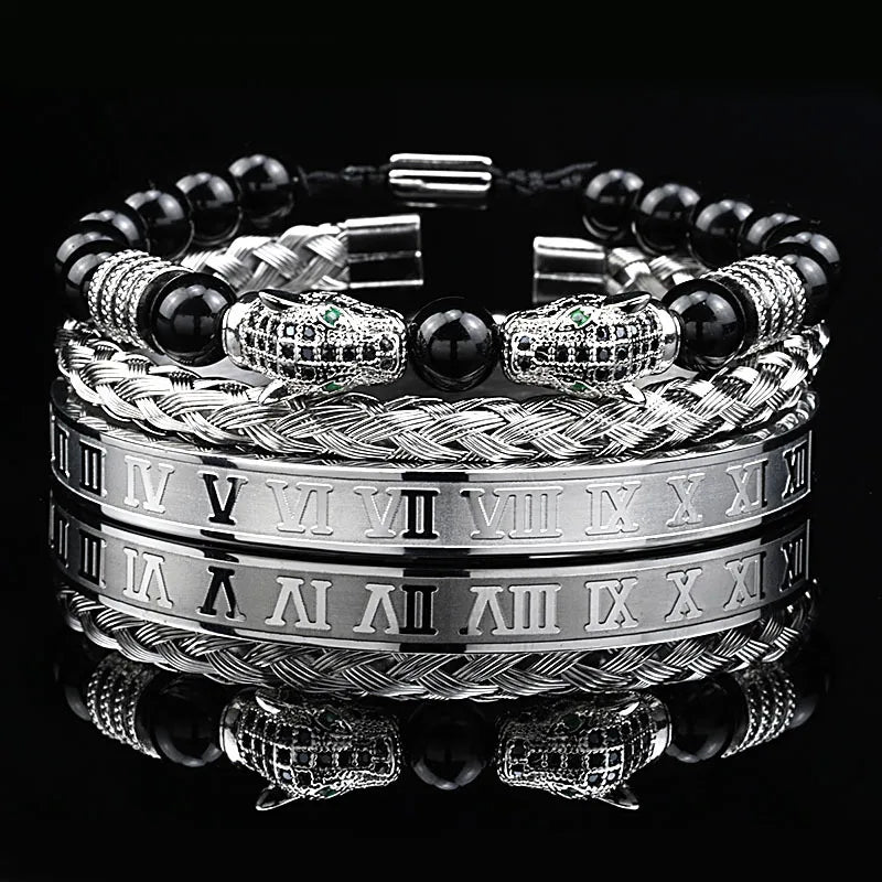 Pulseira masculina de luxo com contas de pedra preta e cabeça de leopardo, bracelete esmaltado de aço inoxidável, pulseiras romanas, conjunto de joias femininas