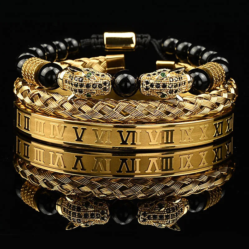 Pulseira masculina de luxo com contas de pedra preta e cabeça de leopardo, bracelete esmaltado de aço inoxidável, pulseiras romanas, conjunto de joias femininas