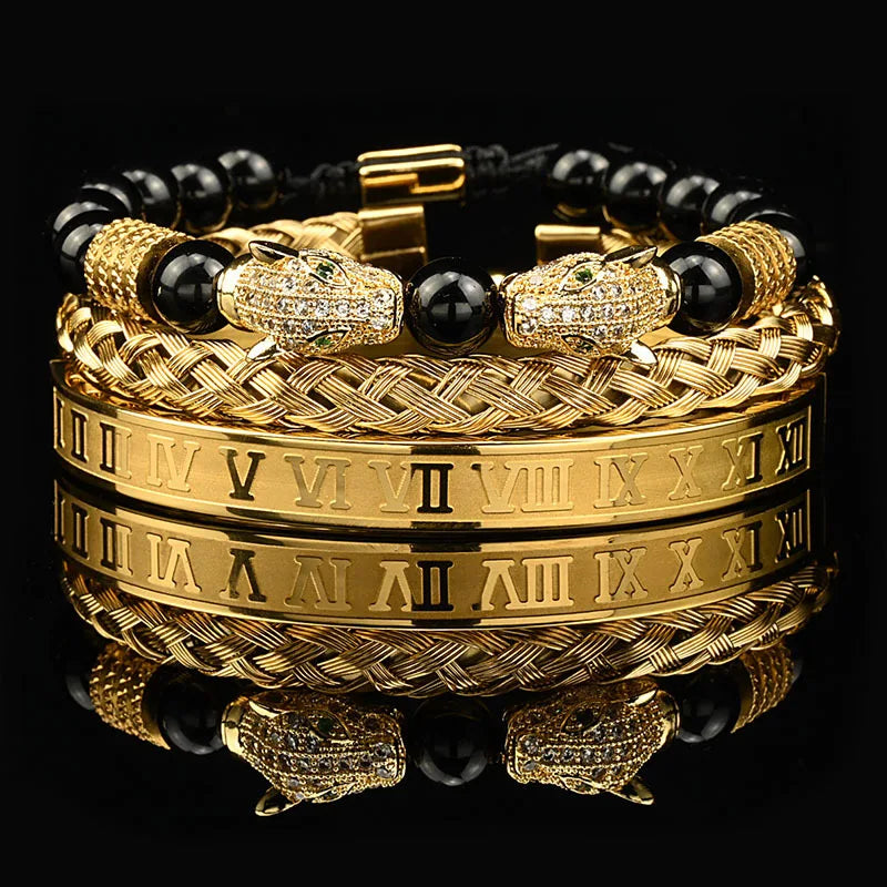 Pulseira masculina de luxo com contas de pedra preta e cabeça de leopardo, bracelete esmaltado de aço inoxidável, pulseiras romanas, conjunto de joias femininas