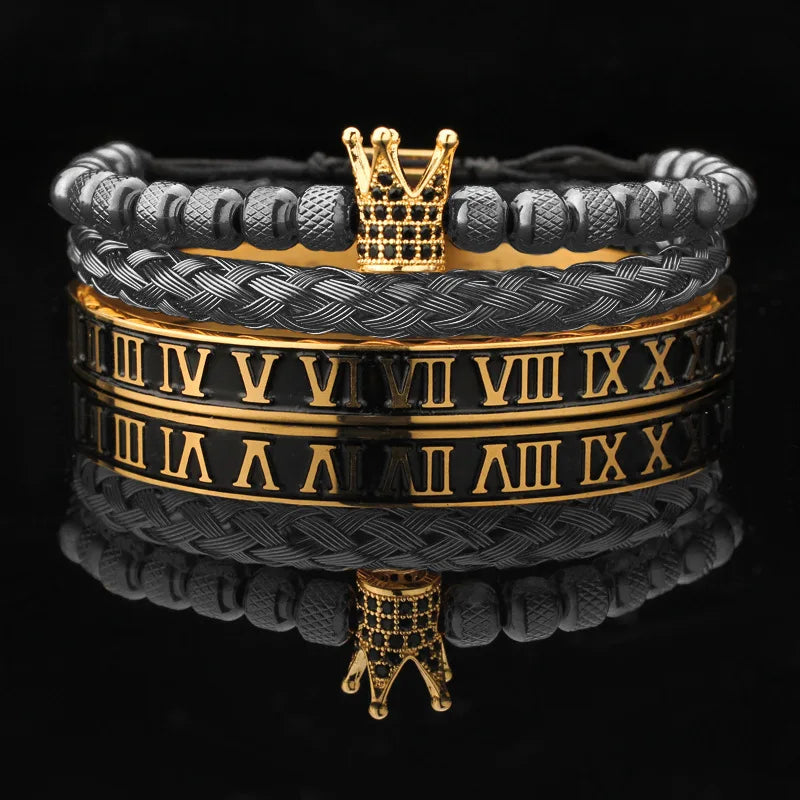 Pulseira masculina de luxo com contas de pedra preta e cabeça de leopardo, bracelete esmaltado de aço inoxidável, pulseiras romanas, conjunto de joias femininas