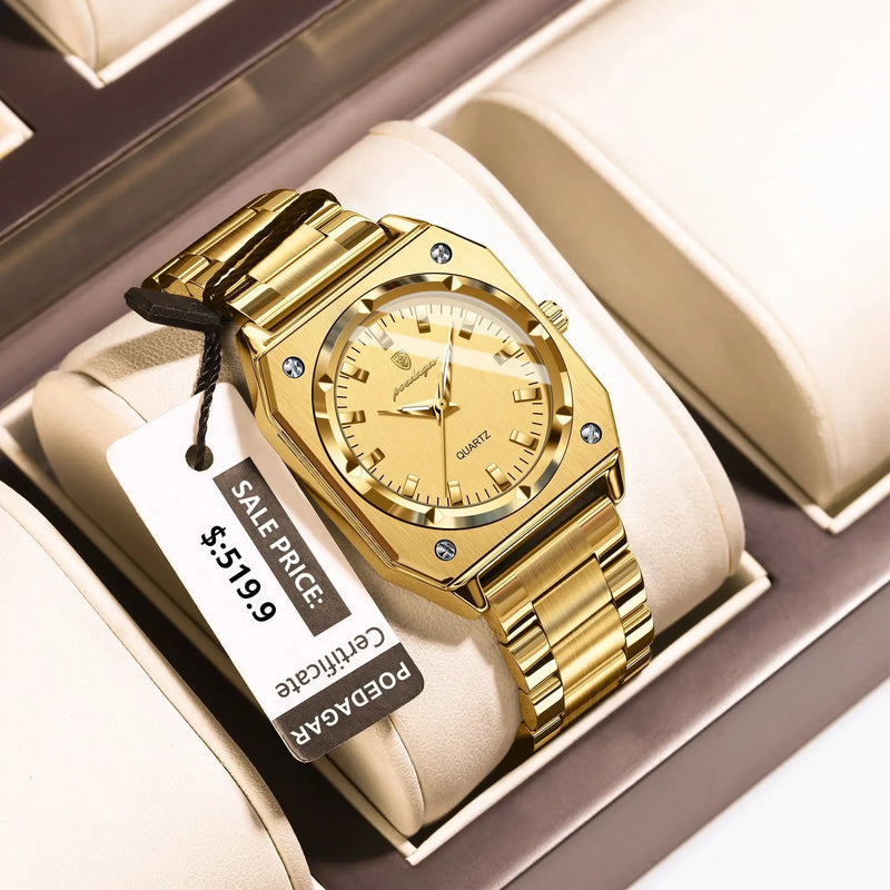 POEDAGAR Relógio Feminino Quadrado Elegante de Luxo À Prova D'Água Luminoso para Mulher Aço Inoxidável Quartzo Relógios Femininos Reloj+box