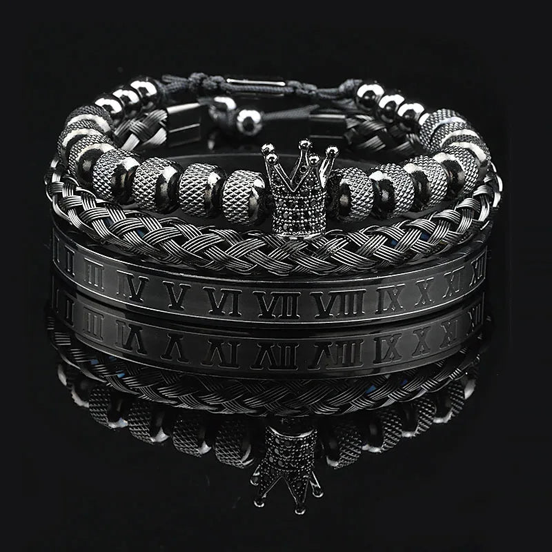 Pulseira masculina de luxo com contas de pedra preta e cabeça de leopardo, bracelete esmaltado de aço inoxidável, pulseiras romanas, conjunto de joias femininas