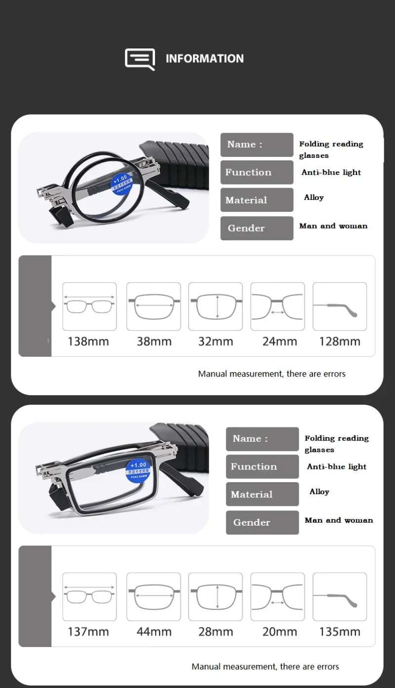 Óculos de leitura dobráveis portáteis para homens, de metal, redondos, quadrados, anti-luz azul, óculos para presbiopia, armação de óculos, dioptria +1,0 a +4,0