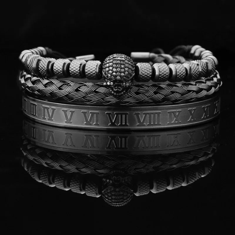 Pulseira masculina de luxo com contas de pedra preta e cabeça de leopardo, bracelete esmaltado de aço inoxidável, pulseiras romanas, conjunto de joias femininas