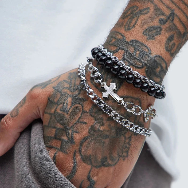 4 pçs conjunto de pulseira de aço inoxidável para homens mulheres punk moda cruz contas corrente pulseiras simples hip hop unissex jóias presente novo