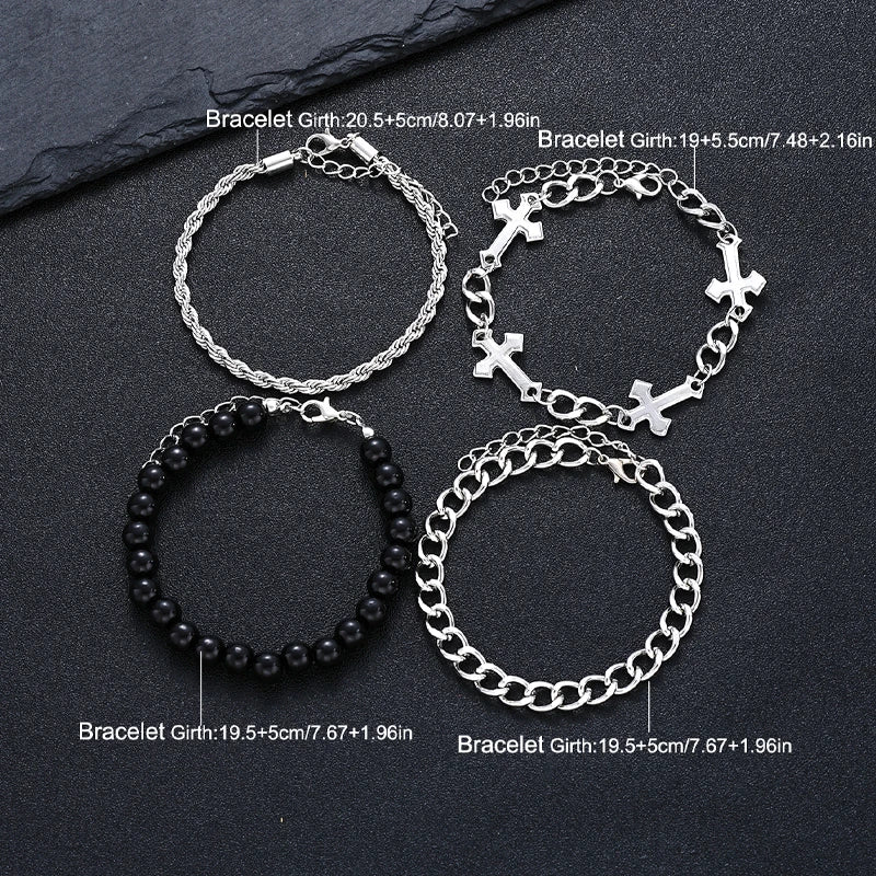 4 pçs conjunto de pulseira de aço inoxidável para homens mulheres punk moda cruz contas corrente pulseiras simples hip hop unissex jóias presente novo