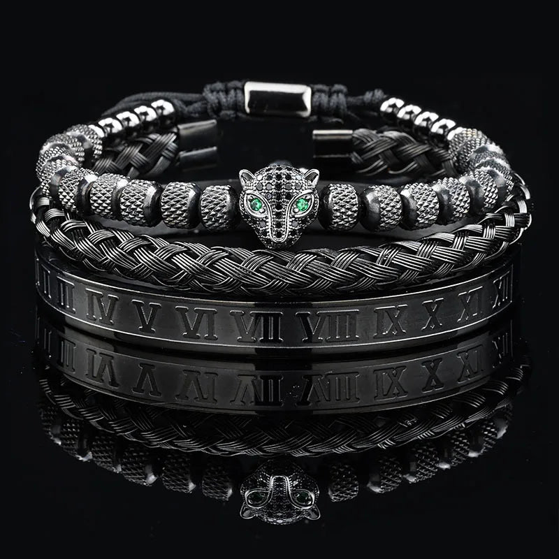 Pulseira masculina de luxo com contas de pedra preta e cabeça de leopardo, bracelete esmaltado de aço inoxidável, pulseiras romanas, conjunto de joias femininas