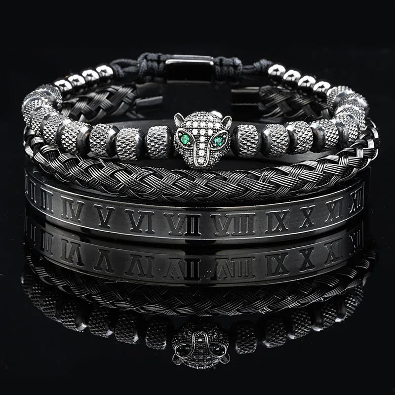 Pulseira masculina de luxo com contas de pedra preta e cabeça de leopardo, bracelete esmaltado de aço inoxidável, pulseiras romanas, conjunto de joias femininas