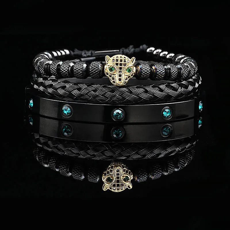 Pulseira masculina de luxo com contas de pedra preta e cabeça de leopardo, bracelete esmaltado de aço inoxidável, pulseiras romanas, conjunto de joias femininas