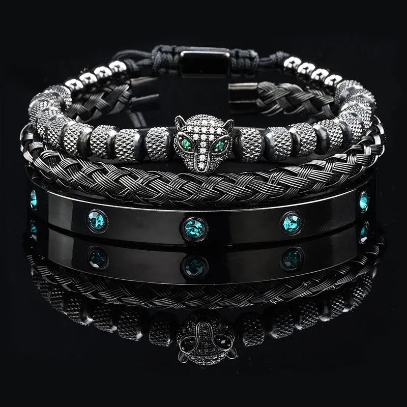 Pulseira masculina de luxo com contas de pedra preta e cabeça de leopardo, bracelete esmaltado de aço inoxidável, pulseiras romanas, conjunto de joias femininas