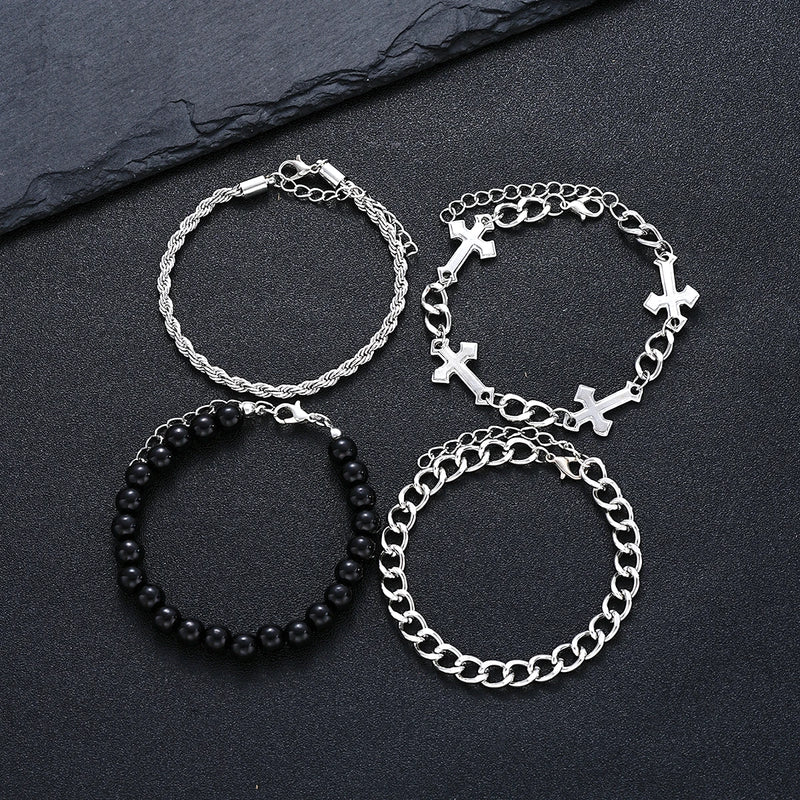 4 pçs conjunto de pulseira de aço inoxidável para homens mulheres punk moda cruz contas corrente pulseiras simples hip hop unissex jóias presente novo